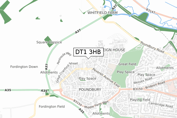 DT1 3HB map - small scale - OS Open Zoomstack (Ordnance Survey)