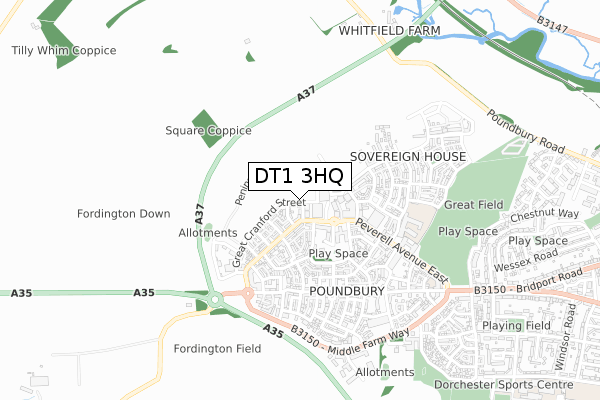 DT1 3HQ map - small scale - OS Open Zoomstack (Ordnance Survey)