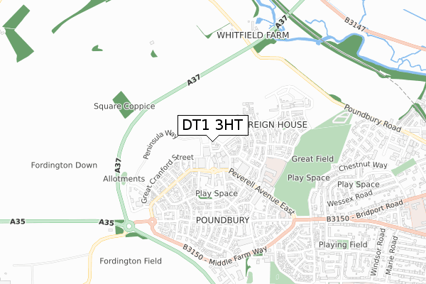 DT1 3HT map - small scale - OS Open Zoomstack (Ordnance Survey)