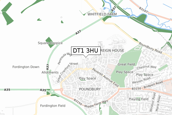 DT1 3HU map - small scale - OS Open Zoomstack (Ordnance Survey)