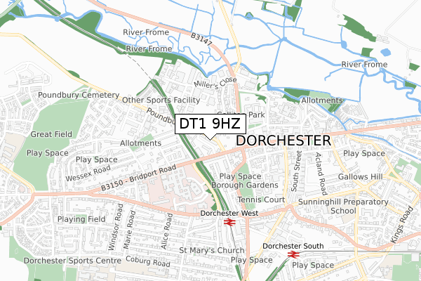 DT1 9HZ map - small scale - OS Open Zoomstack (Ordnance Survey)