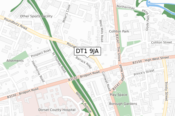 DT1 9JA map - large scale - OS Open Zoomstack (Ordnance Survey)