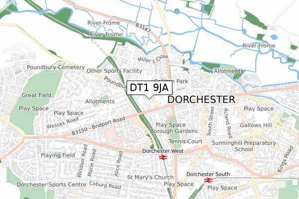 DT1 9JA map - small scale - OS Open Zoomstack (Ordnance Survey)