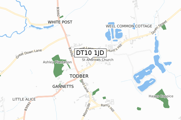 DT10 1JD map - small scale - OS Open Zoomstack (Ordnance Survey)