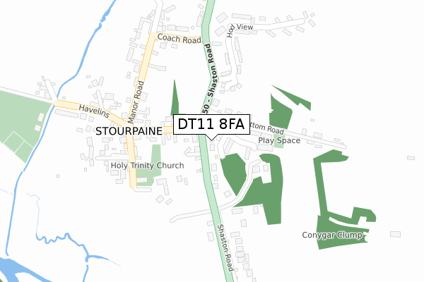 DT11 8FA map - large scale - OS Open Zoomstack (Ordnance Survey)