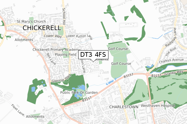 DT3 4FS map - small scale - OS Open Zoomstack (Ordnance Survey)