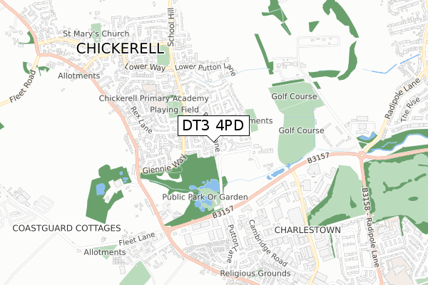 DT3 4PD map - small scale - OS Open Zoomstack (Ordnance Survey)