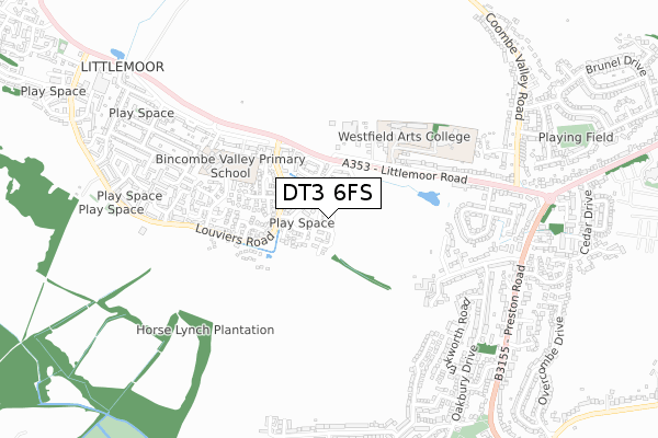 DT3 6FS map - small scale - OS Open Zoomstack (Ordnance Survey)