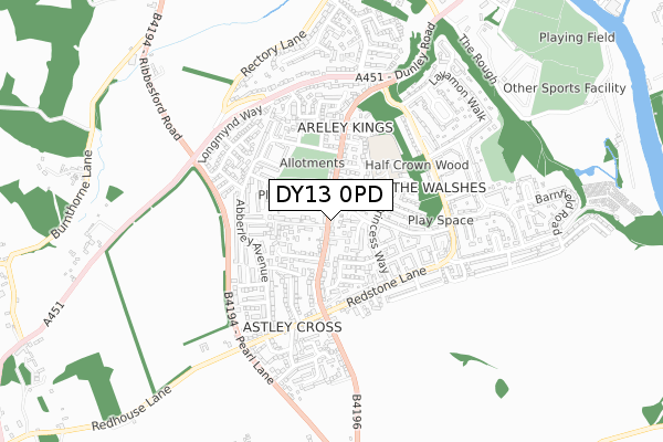 DY13 0PD map - small scale - OS Open Zoomstack (Ordnance Survey)