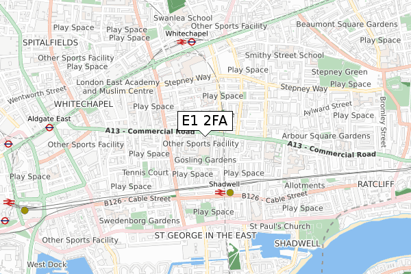 E1 2FA map - small scale - OS Open Zoomstack (Ordnance Survey)