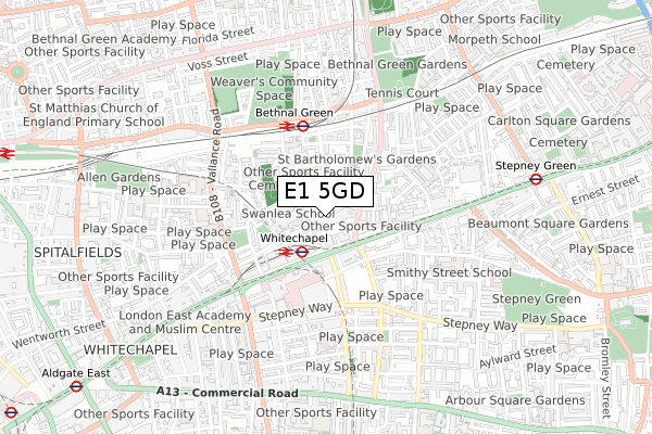 E1 5GD map - small scale - OS Open Zoomstack (Ordnance Survey)