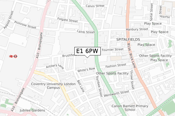 E1 6PW map - large scale - OS Open Zoomstack (Ordnance Survey)