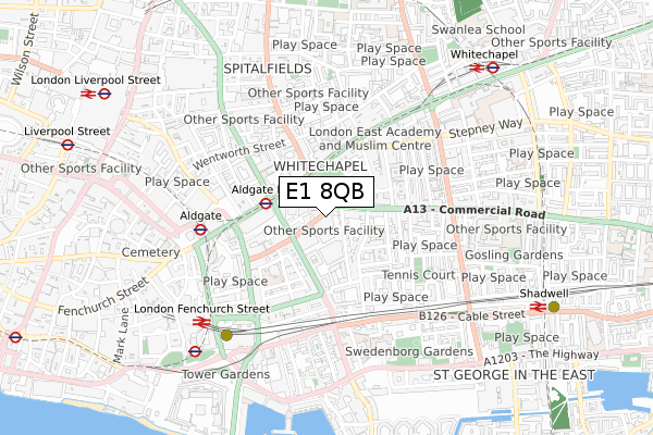 E1 8QB map - small scale - OS Open Zoomstack (Ordnance Survey)