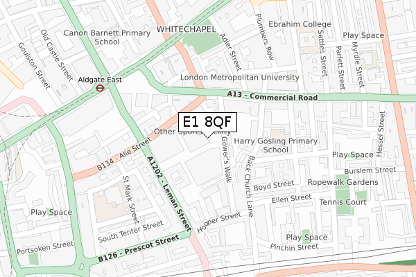 E1 8QF map - large scale - OS Open Zoomstack (Ordnance Survey)