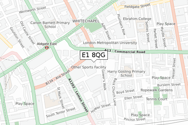 E1 8QG map - large scale - OS Open Zoomstack (Ordnance Survey)