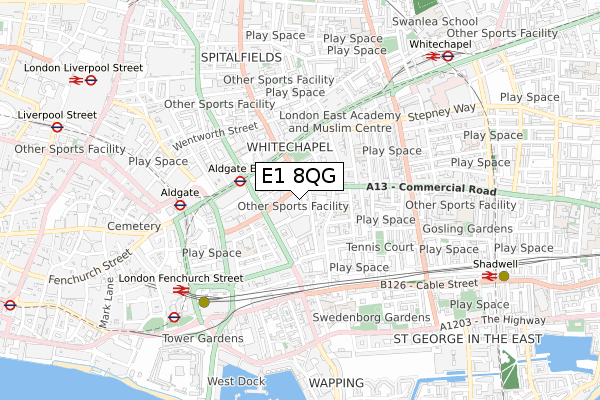 E1 8QG map - small scale - OS Open Zoomstack (Ordnance Survey)