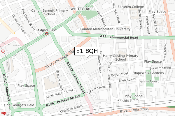 E1 8QH map - large scale - OS Open Zoomstack (Ordnance Survey)