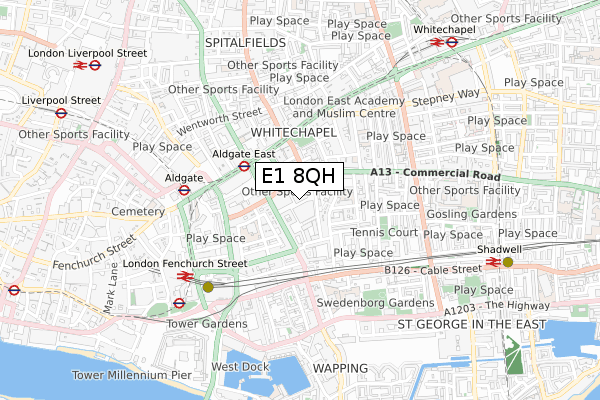 E1 8QH map - small scale - OS Open Zoomstack (Ordnance Survey)