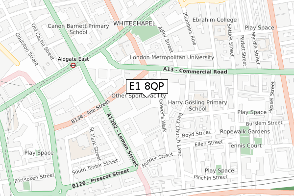 E1 8QP map - large scale - OS Open Zoomstack (Ordnance Survey)