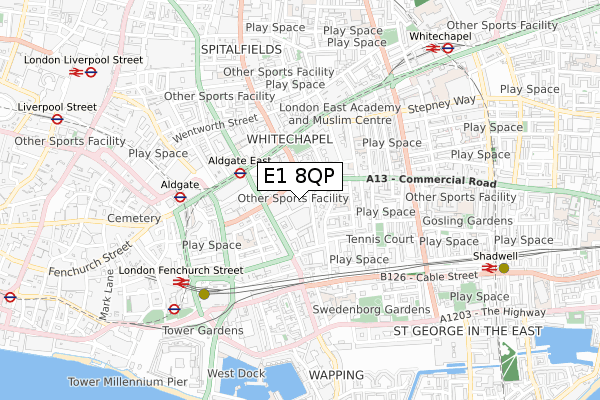 E1 8QP map - small scale - OS Open Zoomstack (Ordnance Survey)