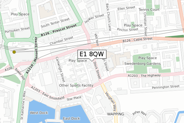 E1 8QW map - large scale - OS Open Zoomstack (Ordnance Survey)