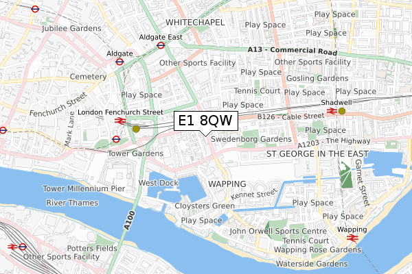 E1 8QW map - small scale - OS Open Zoomstack (Ordnance Survey)