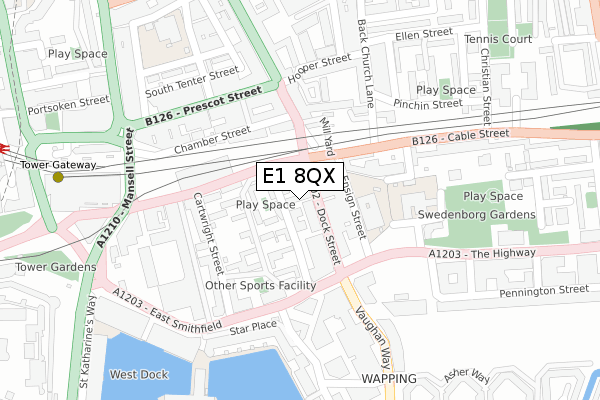 E1 8QX map - large scale - OS Open Zoomstack (Ordnance Survey)