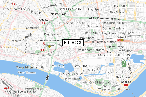 E1 8QX map - small scale - OS Open Zoomstack (Ordnance Survey)