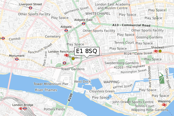 E1 8SQ map - small scale - OS Open Zoomstack (Ordnance Survey)
