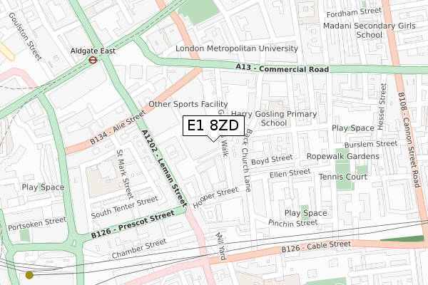 E1 8ZD map - large scale - OS Open Zoomstack (Ordnance Survey)