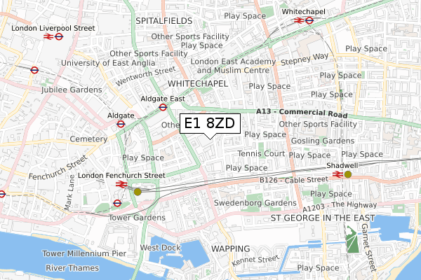 E1 8ZD map - small scale - OS Open Zoomstack (Ordnance Survey)