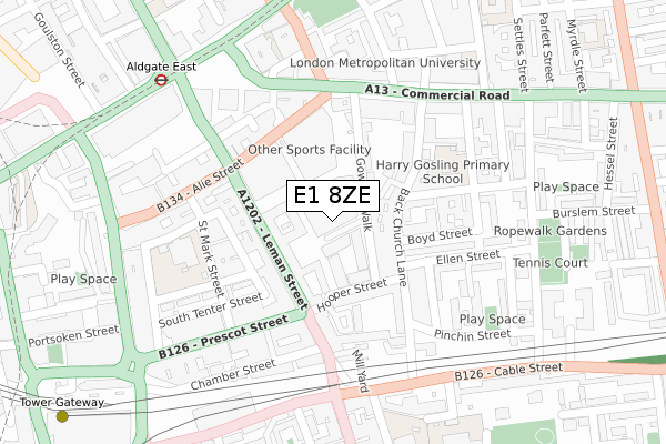 E1 8ZE map - large scale - OS Open Zoomstack (Ordnance Survey)