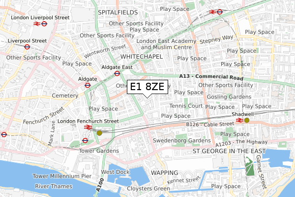 E1 8ZE map - small scale - OS Open Zoomstack (Ordnance Survey)