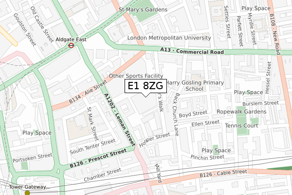 E1 8ZG map - large scale - OS Open Zoomstack (Ordnance Survey)