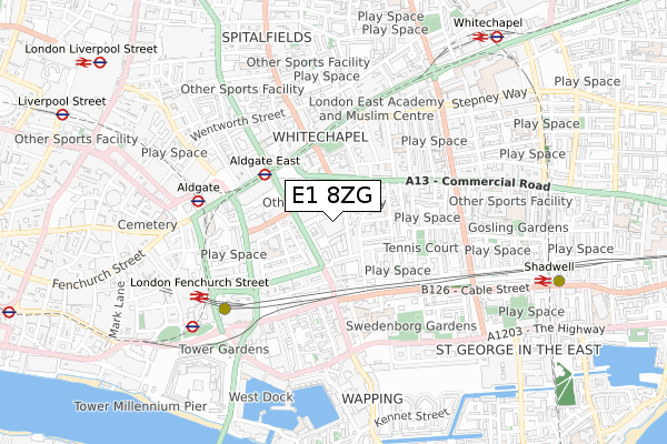 E1 8ZG map - small scale - OS Open Zoomstack (Ordnance Survey)