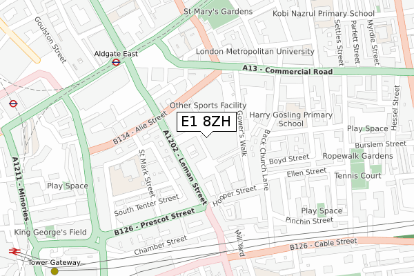 E1 8ZH map - large scale - OS Open Zoomstack (Ordnance Survey)