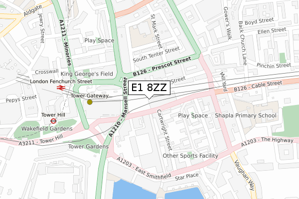 E1 8ZZ map - large scale - OS Open Zoomstack (Ordnance Survey)