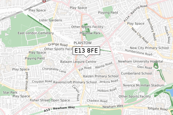 E13 8FE map - small scale - OS Open Zoomstack (Ordnance Survey)