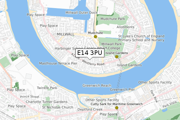 E14 3PU map - small scale - OS Open Zoomstack (Ordnance Survey)