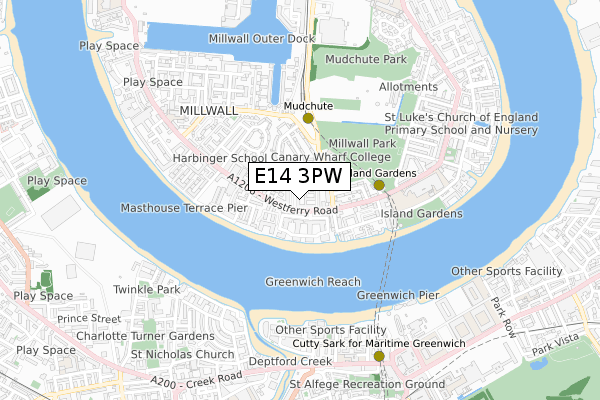 E14 3PW map - small scale - OS Open Zoomstack (Ordnance Survey)