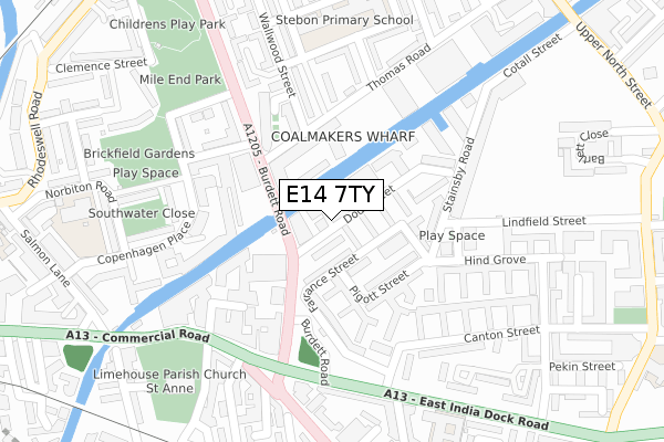 E14 7TY map - large scale - OS Open Zoomstack (Ordnance Survey)