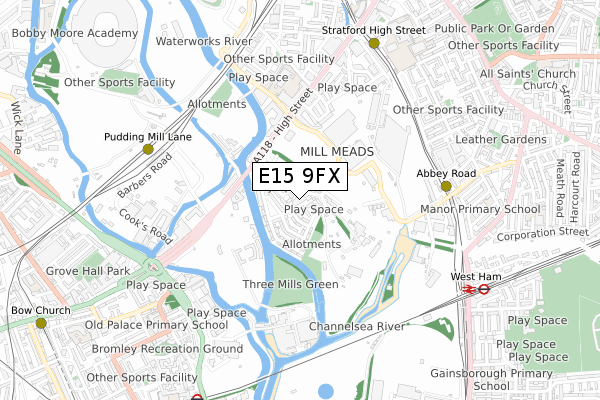 E15 9FX map - small scale - OS Open Zoomstack (Ordnance Survey)