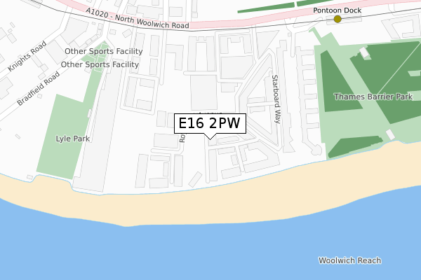 E16 2PW map - large scale - OS Open Zoomstack (Ordnance Survey)