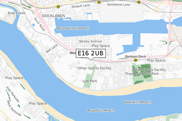 E16 2UB map - small scale - OS Open Zoomstack (Ordnance Survey)