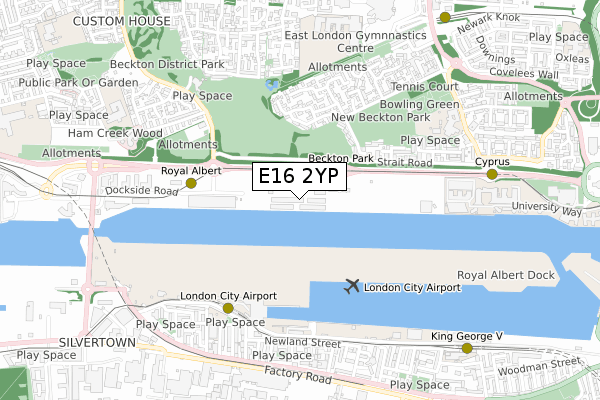 E16 2YP map - small scale - OS Open Zoomstack (Ordnance Survey)