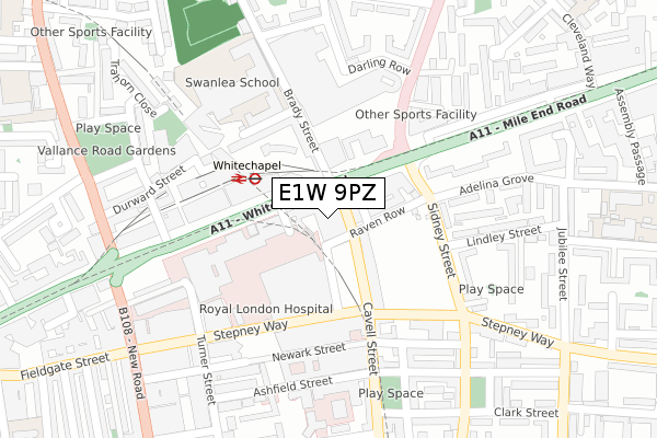 E1W 9PZ map - large scale - OS Open Zoomstack (Ordnance Survey)