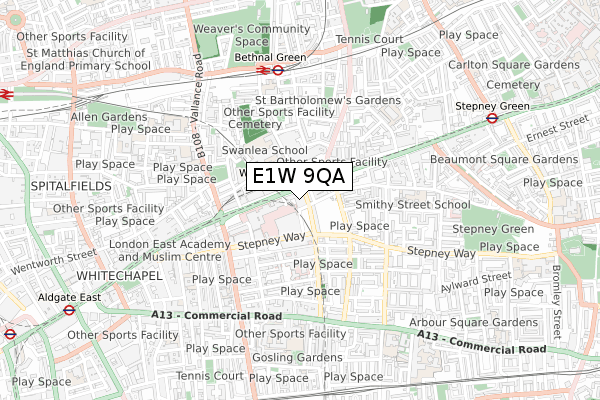 E1W 9QA map - small scale - OS Open Zoomstack (Ordnance Survey)
