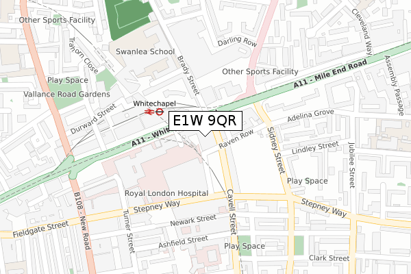 E1W 9QR map - large scale - OS Open Zoomstack (Ordnance Survey)