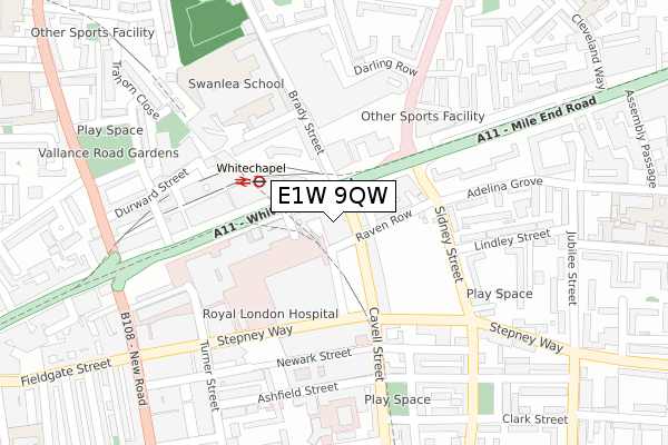 E1W 9QW map - large scale - OS Open Zoomstack (Ordnance Survey)