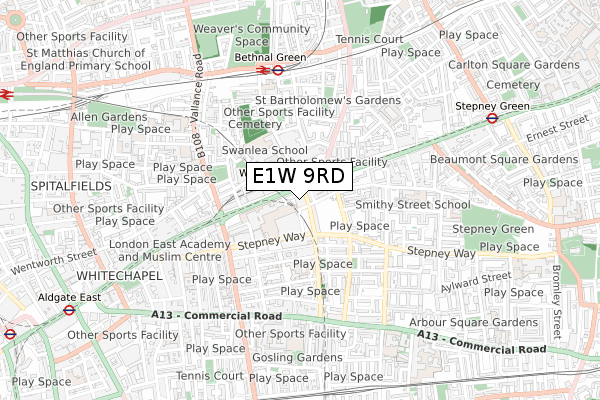 E1W 9RD map - small scale - OS Open Zoomstack (Ordnance Survey)